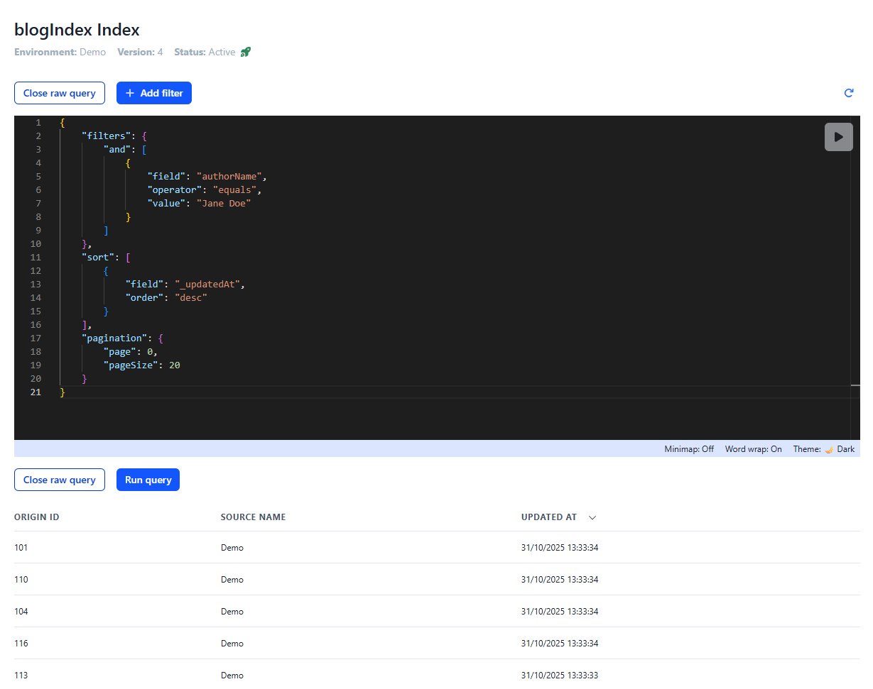 The Query editor with filters and pagination controls