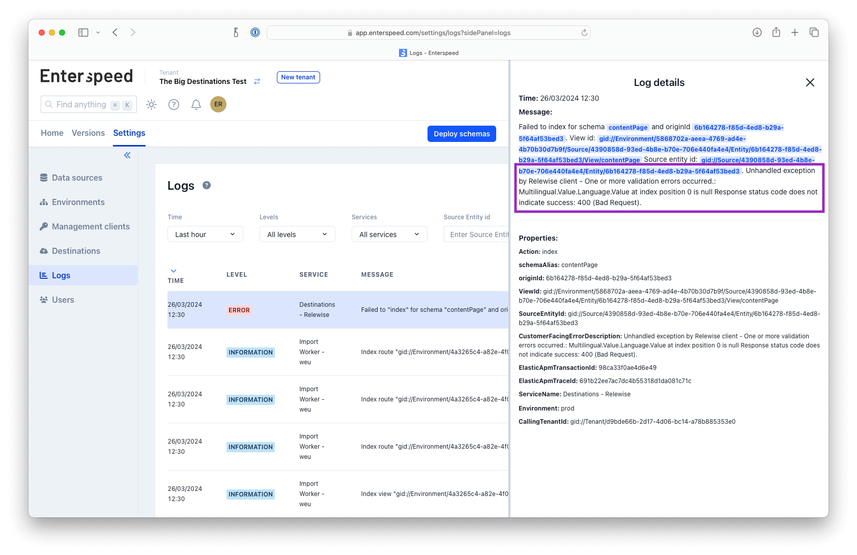 Screen dump of management app and Relewise destinations logs