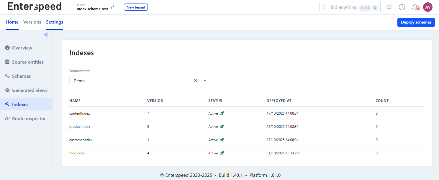 The indexes page in the Enterspeed Management App