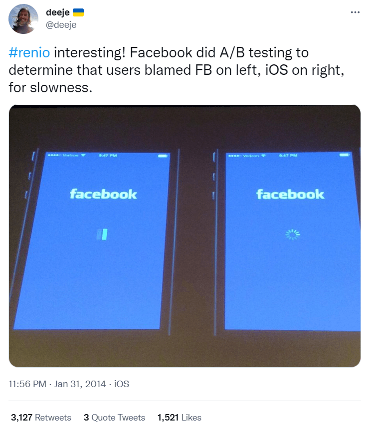 Tweet showing Facebooks A/B test of loaders