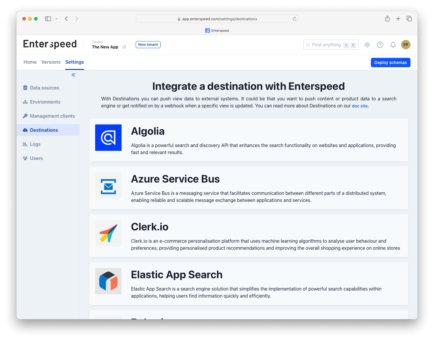 Screen dump of the Enterspeed App with list of destination integrations